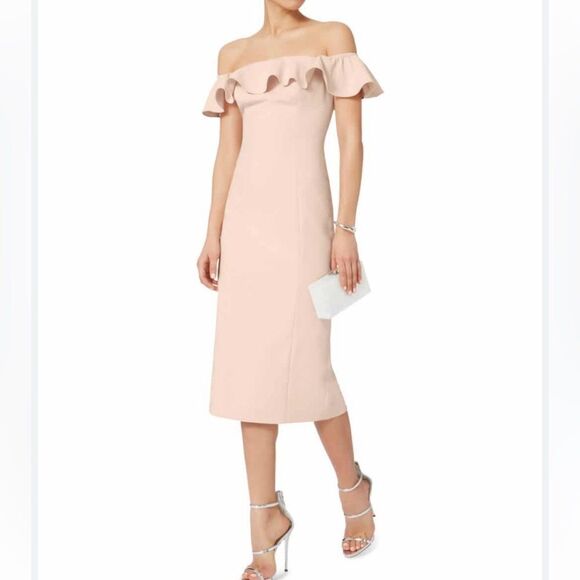 JAY GODFREY Rollins Off Shoulder Midi Blush Nude Dress Ruffle Size - Picture 13 of 13